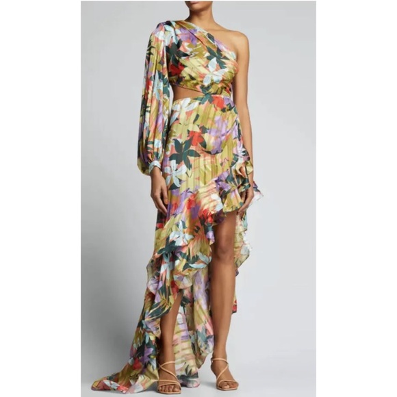 Bronx and Banco Tropics Violet One-Sleeve Ruffle Silk Maxi Dress Size XS - Picture 2 of 3